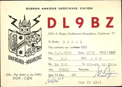 Ak Neugablonz Kaufbeuren am Wertach in Schwaben, QSL Funkerkarte DL9BZ, K. Mayer, Sudetenstraße 77