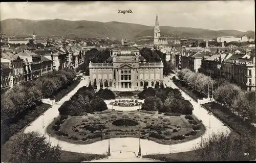 Ak Zagreb Kroatien, Palast, Gartenanlagen, Springbrunnen