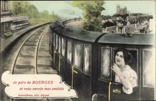 Ak Bourges Cher, Frau im Zug, Reise, Bahnsteig