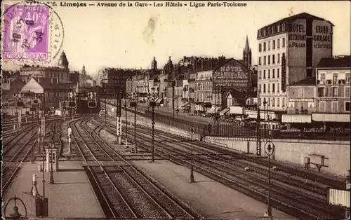 Ak Limoges Haute Vienne, Avenue de la Gare, Hotel Jeanne d'Arc, Bahnhof, Gleisseite