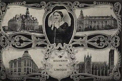 Ak Limoges Haute Vienne, Stadtansichten, Kirche, Rathaus, Frau in Tracht