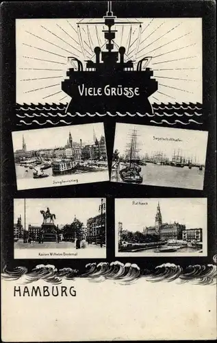 Ak Hamburg Mitte Altstadt, Jungfernstieg, Segelschiffhafen, Kaiser-Wilhelm-Denkmal, Rathaus