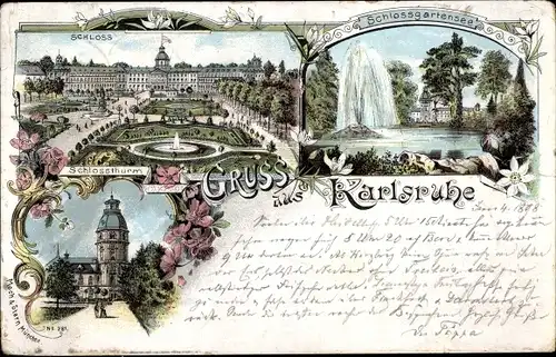 Litho Karlsruhe, Schloss, Schlossturm, Schlossgartensee