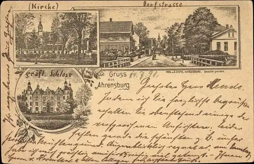 Vorläufer Litho Ahrensburg in Schleswig Holstein, Kirche, Dorfstraße, Schloss