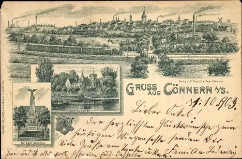 Litho Könnern Sachsen Anhalt, Totalansicht, Georgsburg, Kriegerdenkmal