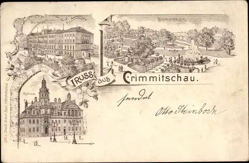 Litho Crimmitschau in Sachsen, Bürgerschule, Bismarckhain, Rathaus