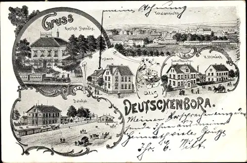 Litho Deutschenbora Nossen Sachsen, Gasthof Benedix, Bahnhof