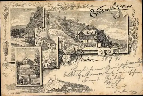 Vorläufer Litho Diesbar Seußlitz in Sachsen, Villa Herbst, Kgl. Forsthaus, Böse Bruder