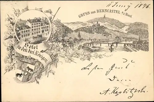 Litho Bernkastel Kues im Moseltal, Hotel zu den drei Königen