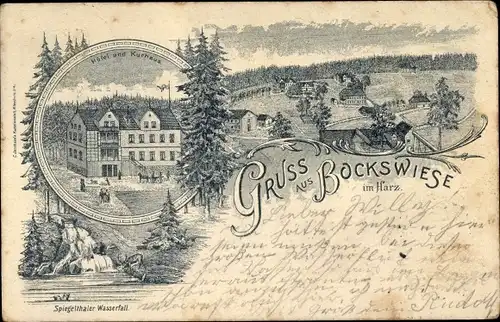 Litho Goslar in Niedersachsen, Bockswiese, Hotel und Kurhaus, Spiegeltaler Wasserfall