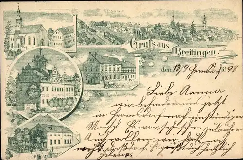 Litho Regis Breitingen Sachsen, Schloss, Gasthof, Kirche, Schule, Bahnhofsrestaurant