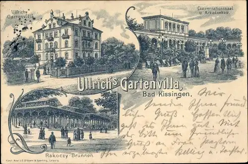 Litho Bad Kissingen Unterfranken Bayern, Ullrich's Gartenvilla, Rakoczy Brunnen