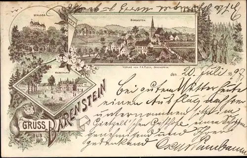 Litho Bärenstein Altenberg im Erzgebirge, Schloss, Ortschaft, Marktplatz