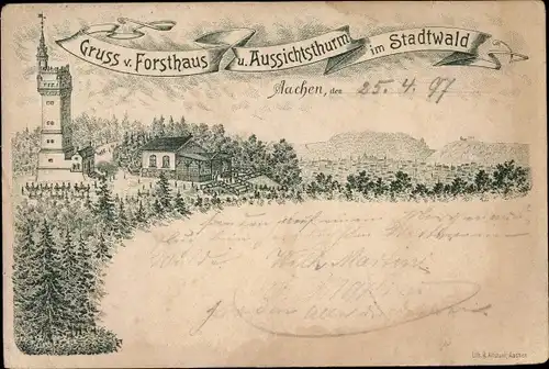 Litho Aachen in Nordrhein Westfalen, Forsthaus und Aussichtsturm im Stadtwald