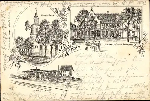 Litho Aerzen im Weserbergland, Kirche, Dommes Kaufhaus und Restaurant, Bahnhof