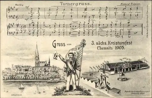 Litho Chemnitz, 3. Sächs. Kreisturnfest 1905, Lied Turnergruß, Schlossteich