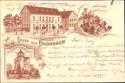 Litho Brombach Baden Württemberg, Gasthaus zum Hirschen, Rötteler Schloss, Brombacher Schloss