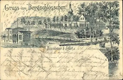 Litho Bischleben Erfurt in Thüringen, Restauration Bergschlösschen, Bahnhof