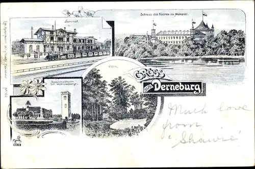 Litho Derneburg Holle in Niedersachsen, Bahnhof, Schloss, Aussichtsturm Wohldenberg