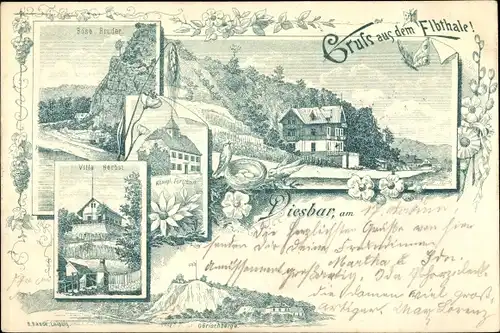 Litho Diesbar Seußlitz in Sachsen, Villa Herbst, Königl. Forsthaus, Görischberge, Elbtal