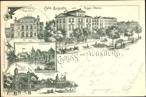 Litho Augsburg in Schwaben, Cafe Augusta Fuggerstraße, Stadttheater, Restauration Stadtgarten