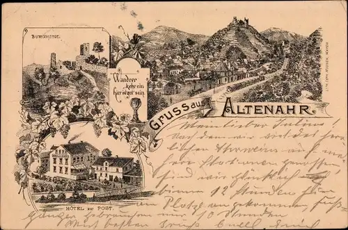 Litho Altenahr in Rheinland Pfalz, Hotel zur Post, Burgruine, Panorama