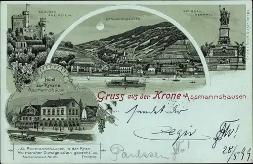 Mondschein Litho Assmannshausen Rüdesheim am Rhein, Hotel zur Krone, Schloss Rheinstraße