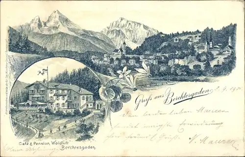 Litho Berchtesgaden in Oberbayern, Cafe Pension Waldluft