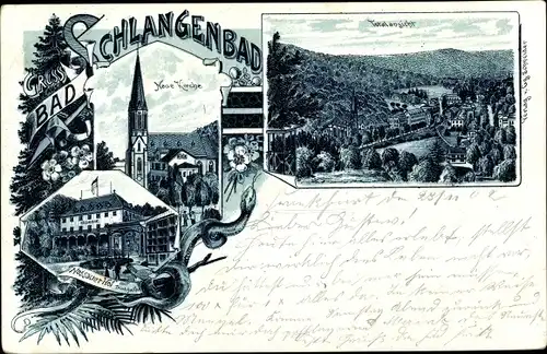 Litho Schlangenbad im Taunus Hessen, Neue Kirche, Nassauer Hof, Trinkhallen