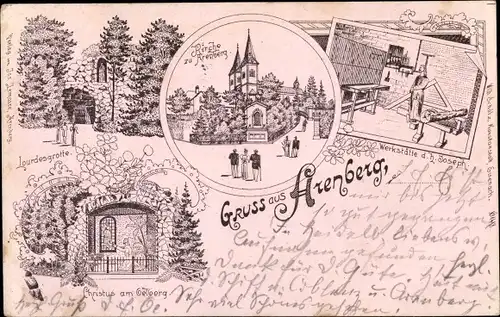 Litho Arenberg Koblenz, Kirche, Lourdesgrotte, Werkstätte Hl. Joseph