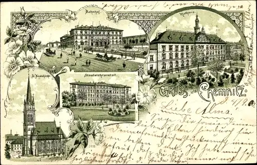 Litho Chemnitz Sachsen, Bahnhof, Rathaus, Staatslehranstalt, St. Nicolaikirche