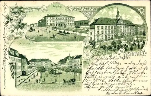 Litho Chemnitz Sachsen, Bahnhof, Rathaus, Neumarkt