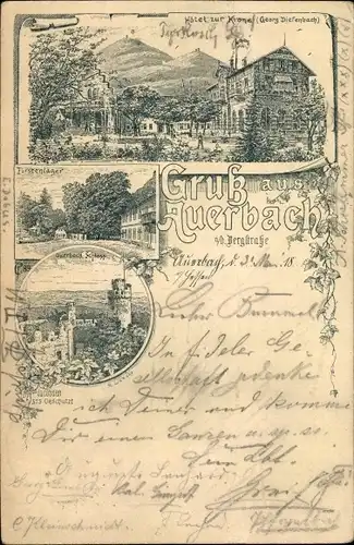 Litho Auerbach Bensheim an der Bergstraße in Hessen, Hotel zur Krone, Fürstenlager, Schloss