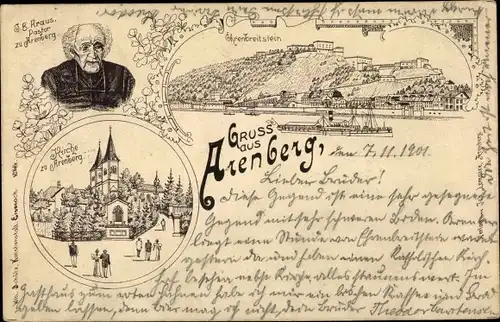 Litho Koblenz in Rheinland Pfalz, Pastor J.B. Kraus, Kirche, Ehrenbreitstein