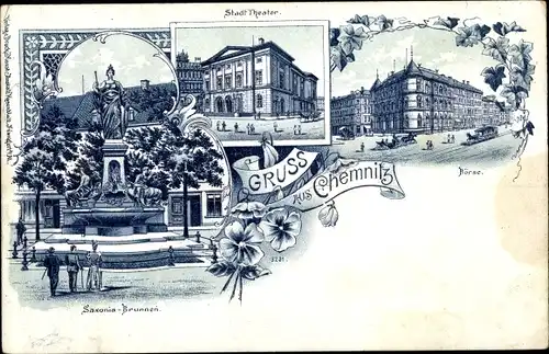 Litho Chemnitz Sachsen, Stadttheater, Börse, Saxonia Brunnen