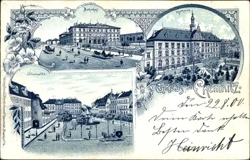 Litho Chemnitz Sachsen, Bahnhof, Neumarkt, Rathaus