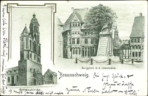 Litho Braunschweig in Niedersachsen, Andreaskirche, Burgplatz mit der Löwensäule