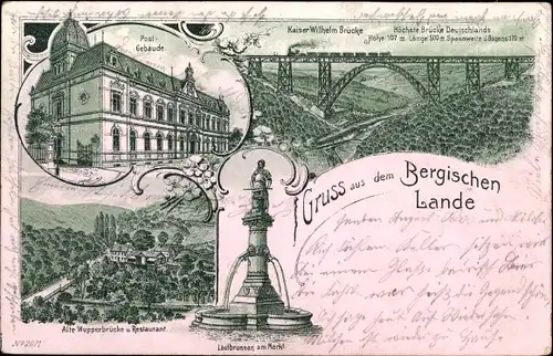 Litho Solingen in Nordrhein Westfalen, Postgebäude, Alte Wupperbrücke, Laufbrunnen am Markt