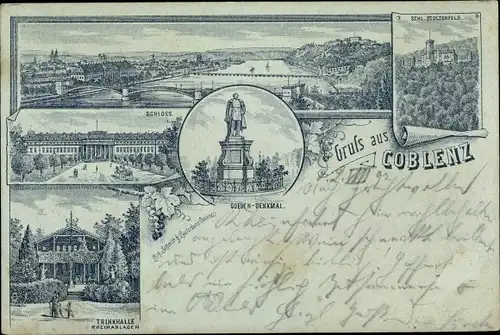 Mondschein Litho Koblenz in Rheinland Pfalz, Schloss, Goeben Denkmal, Trinkhalle