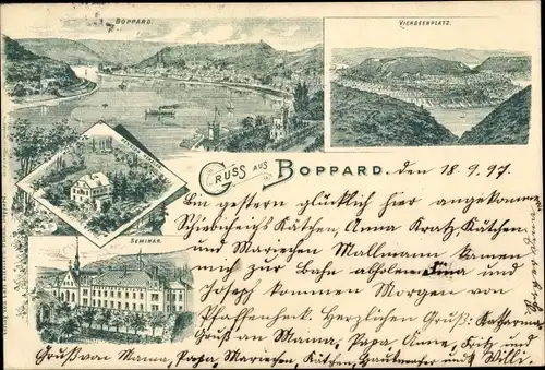 Litho Boppard am Rhein, Ortschaft, Vierseenplatz, Seminar, Pension Henzler