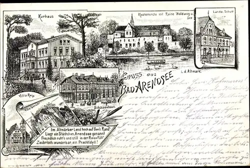 Litho Arendsee in der Altmark, Kurhaus, Klosterkirche, Landw. Schule