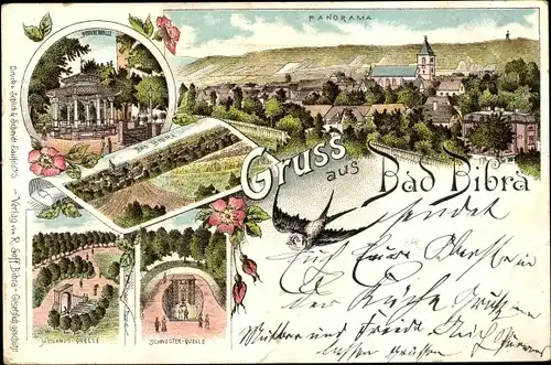 Litho Bad Bibra in Sachsen Anhalt, Panorama, Brunnenhalle, Schwesterquelle, Heilandsquelle