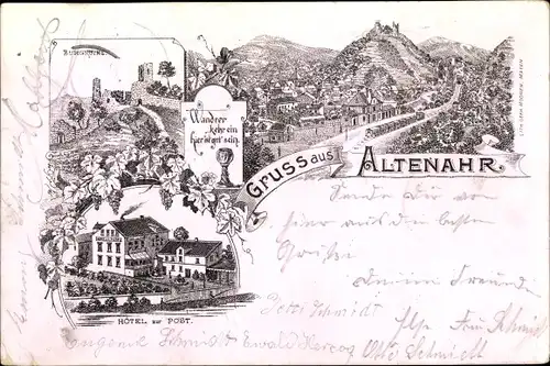 Litho Altenahr in Rheinland Pfalz, Totalansicht, Hotel zur Post, Burgruine