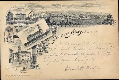 Litho Alzey in Rheinhessen, Seminar, Ev. Kirche, Rathaus