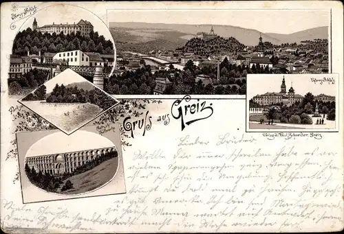 Litho Greiz im Vogtland, Schloss, Göltzschtalbrücke, Blick auf den Ort