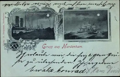 Mondschein Ak Nordenham in Niedersachsen, Viermaster, Schiffpier, Hafen, Segelschiff