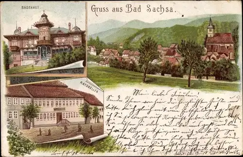 Litho Bad Sachsa im Harz, Ratskeller, Badehaus, Blick auf den Ort