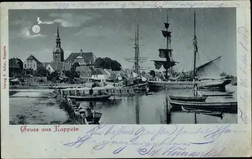 Mondschein Ak Kappeln an der Schlei, Hafenpartie, Segelschiff