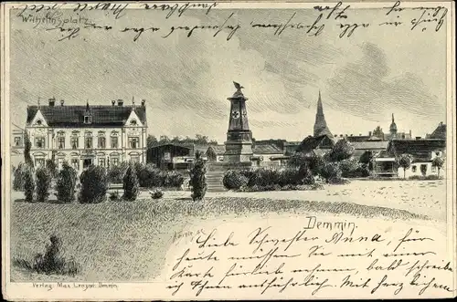 Künstler Ak Demmin in Vorpommern, Wilhelmsplatz, Kriegerdenkmal