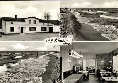 Ak Schuby in Schleswig Holstein, Gasthaus A. Witt, Strand, Urlauber, Gaststube